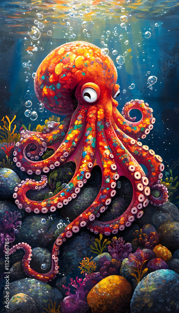 Colorful octopus resting on ocean rocks. Colorful octopus resting on ocean rocks.