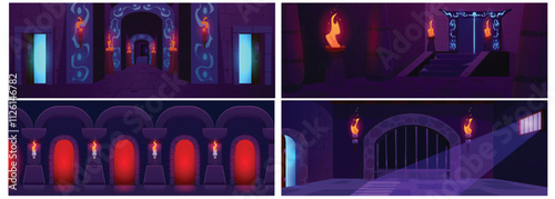 Set of scary dark dungeons. Game background.