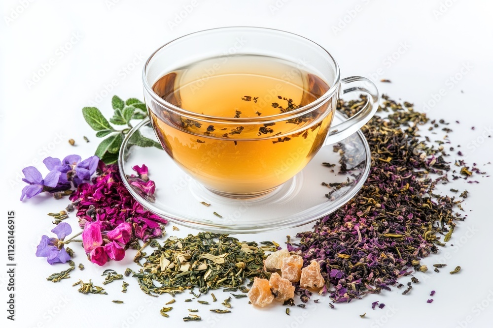 A cup of herbal tea surrounded by dried flowers and herbs, showcasing natural ingredients. A cup of herbal tea surrounded by dried flowers and herbs, showcasing natural ingredients.