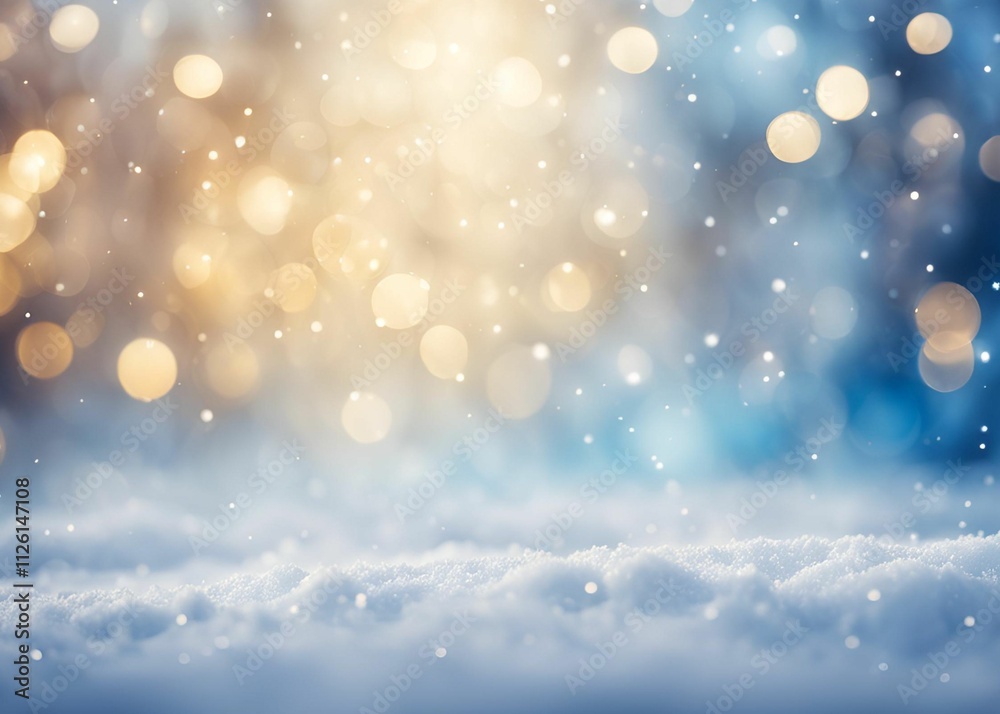 Christmas New Year winter Bokeh background with blue and golden lights in snow New Year festive background