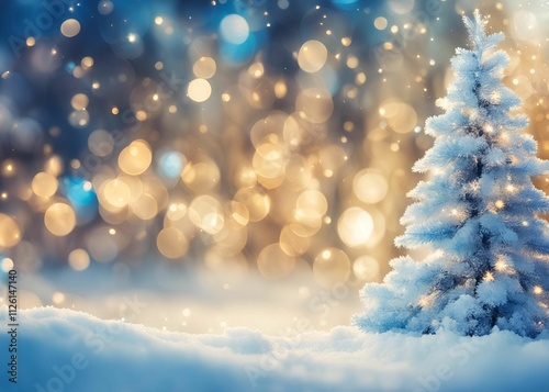 Christmas New Year winter Bokeh background with blue and golden lights in snow New Year festive background