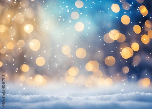 Christmas New Year winter Bokeh background with blue and golden lights in snow New Year festive background