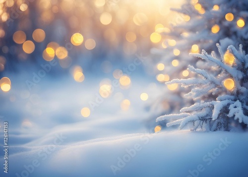 Christmas New Year winter Bokeh background with blue and golden lights in snow New Year festive background