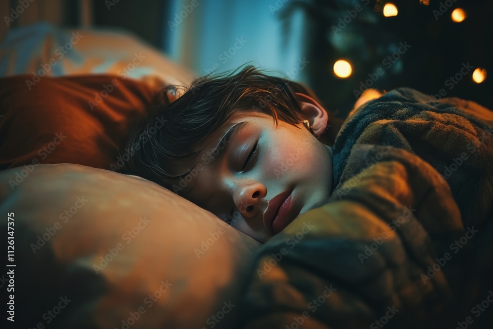 Peaceful Child Sleeping in Cozy Bed with Warm Lighting and Soft Textures Near Christmas Tree Peaceful Child Sleeping in Cozy Bed with Warm Lighting and Soft Textures Near Christmas Tree