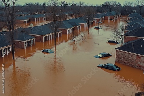 Aerial view of a flooded suburban area after heavy rainfall and storm photo