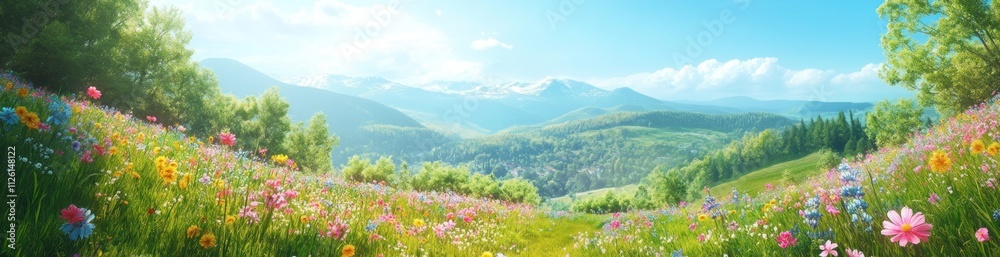 Obraz premium A vibrant landscape featuring a colorful meadow with mountains and a clear blue sky.