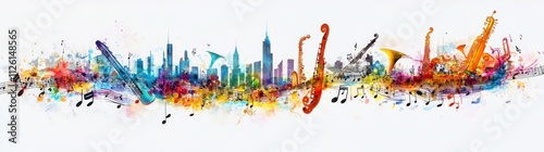 A colorful skyline blended with musical instruments and notes, celebrating music and city life.