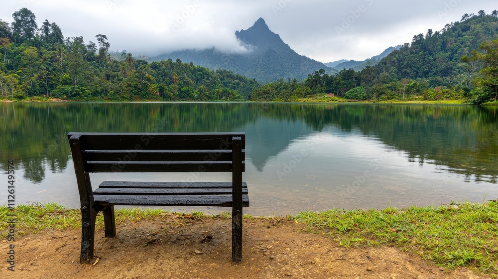 Serene Lakeside Bench with Mountain View and Calm Water Reflection Serene Lakeside Bench with Mountain View and Calm Water Reflection