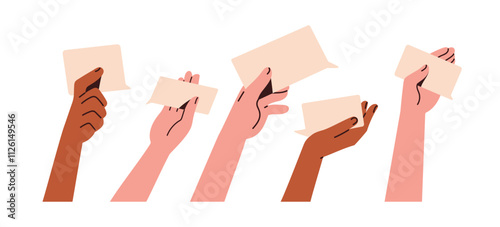 Hand holding blank speech bubble for message. Giving feedback, sharing opinion and response. Communication paper cards for dialog, conversation. Flat vector illustration isolated on white background