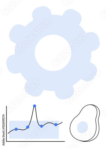 Gear symbol data graph with plotted points and abstract shape in light blue. Ideal for engineering, creativity, innovation, analytics, problem-solving, data visualization, modern design. Line