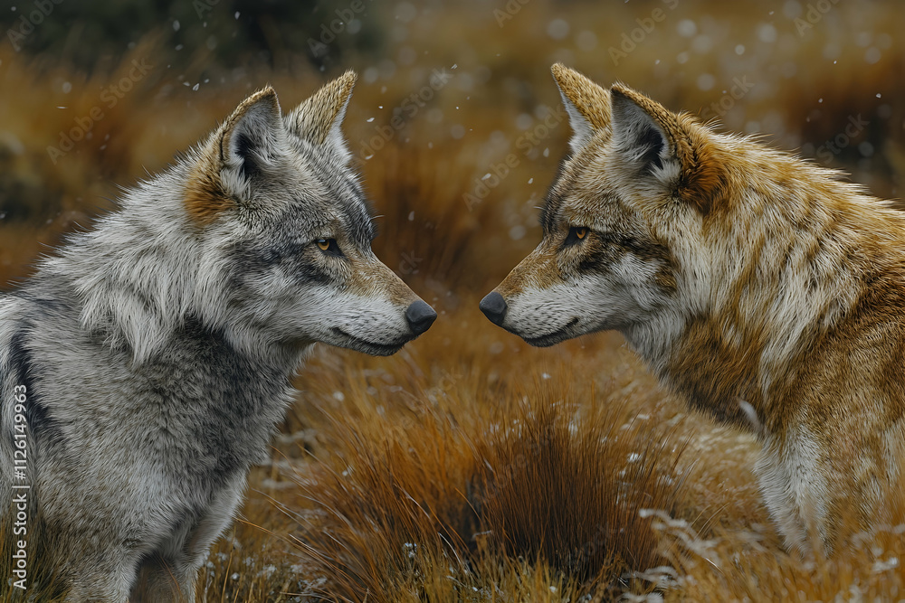 Obraz premium Two wolves face each other in snowy field.