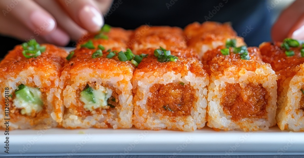 A close-up of sushi rolls topped with spicy sauce and green onions on a white plate. A close-up of sushi rolls topped with spicy sauce and green onions on a white plate.