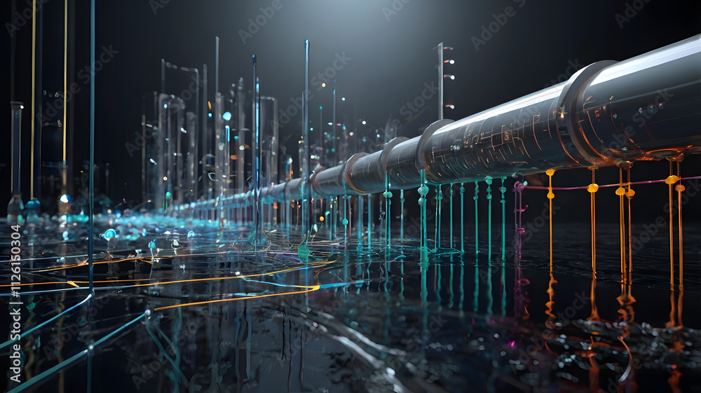 Futuristic Pipeline Network: A mesmerizing digital rendering of a complex pipeline network, glowing with vibrant, interconnected lines against a dark background. Futuristic Pipeline Network: A mesmerizing digital rendering of a complex pipeline network, glowing with vibrant, interconnected lines against a dark background.