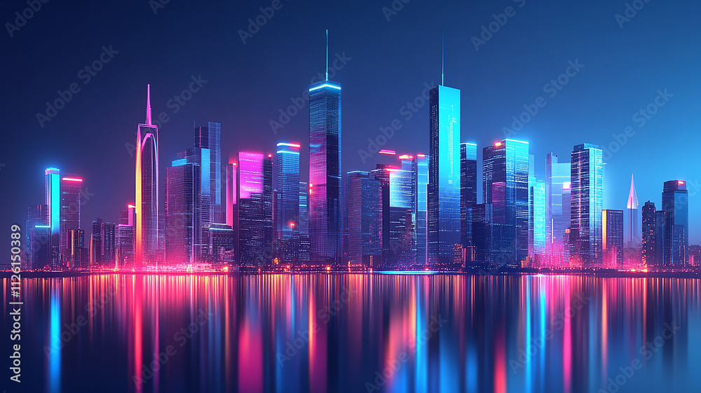 Vibrant Futuristic City Skyline at Night with shiny and glowing neon lights, abstract ultra modern light effect of cityscape featuring sleek modern architecture illuminated by vibrant neon lights. Vibrant Futuristic City Skyline at Night with shiny and glowing neon lights, abstract ultra modern light effect of cityscape featuring sleek modern architecture illuminated by vibrant neon lights.