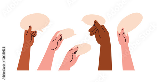 Speech bubbles in hands set. Holding blank papers for message, chat. Sharing opinions, ideas with empty communication and feedback cards. Flat vector illustration isolated on white background