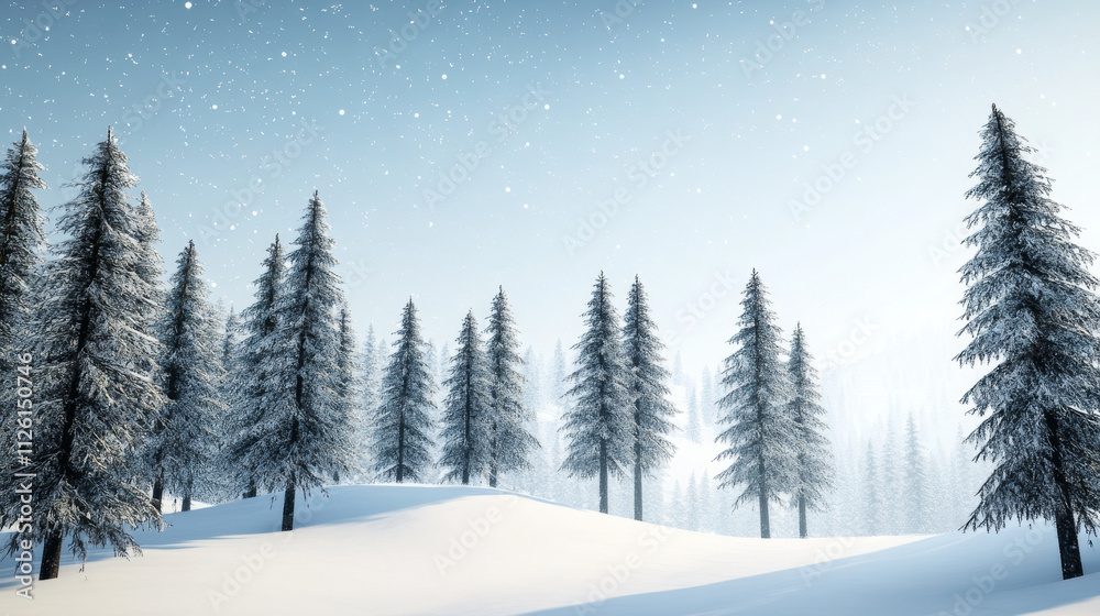 serene winter landscape blanketed in fresh snow with tall evergreen trees. soft snowfall creates peaceful atmosphere, inviting tranquility and reflection