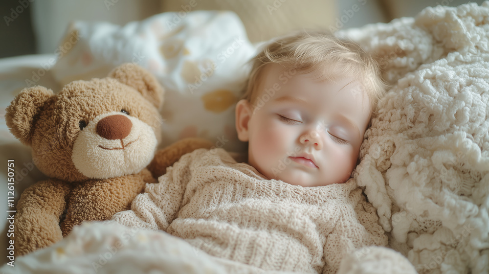 Sweet sleeping baby boy with a teddy bear Sweet sleeping baby boy with a teddy bear