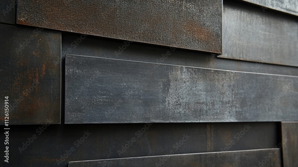 Abstract close-up of layered dark metal panels with varying textures and finishes Abstract close-up of layered dark metal panels with varying textures and finishes