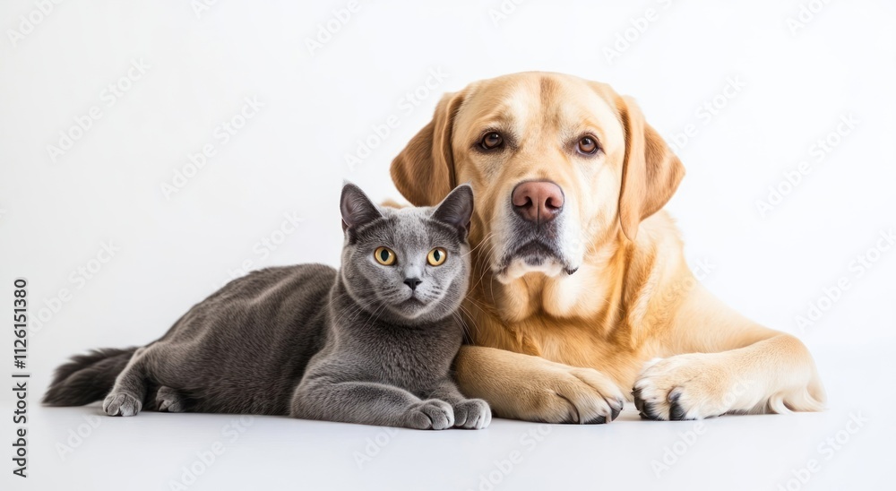 Obraz premium A dog and a cat lying together on a white background, showcasing friendship between pets.