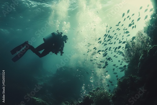 Underwater exploration revealing marine life in a vibrant coral reef during a sunny day. Generative AI