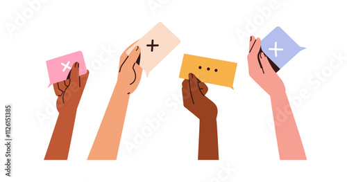Hands holding speech bubbles with cross symbol, negative feedback, no. Sharing bad opinion, protesting. Rejecting, refusing communication. Flat vector illustration isolated on white background