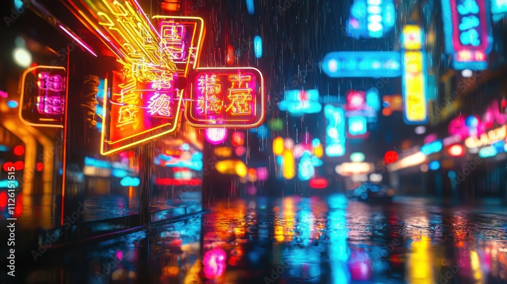 Obraz premium Neon Rain: A Cyberpunk Night in Asia