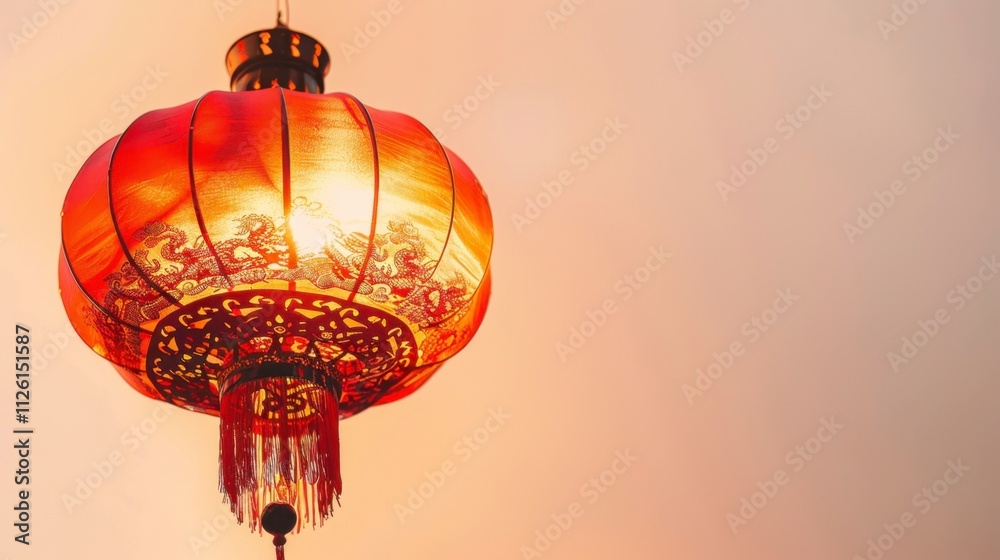Obraz premium Red and gold Chinese New Year lantern with traditional symbols, isolated on white background, cultural and classic