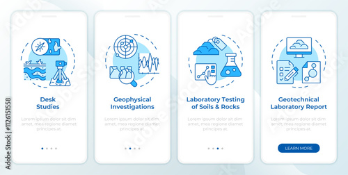 Geotechnical investigation blue onboarding mobile app screen. Survey walkthrough 4 steps editable graphic instructions linear concepts. UI, UX, GUI template. Montserrat SemiBold, Regular fonts used