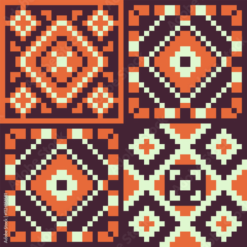 Carpet abstract pattern pixel art style seamless background, fashion trend fabric textures, vector illustration. Design for greeting card, web and mobile app.