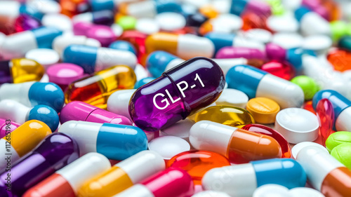 Colorful pills with 'glp-1' text symbolize diabetes care and weight control medication.Diabetes medication, weight loss pill, blood sugar control, glucose regulation, insulin support, type 2 diabetes 