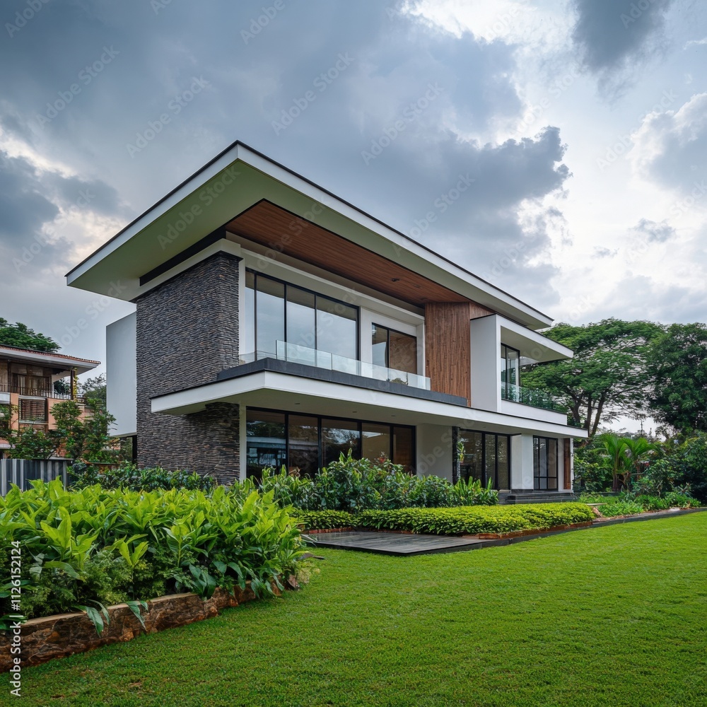 modern architecture with lush landscaping and cloudy sky
