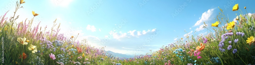 A vibrant field of wildflowers under a bright blue sky, evoking tranquility and nature's beauty. A vibrant field of wildflowers under a bright blue sky, evoking tranquility and nature's beauty.