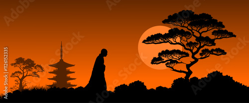 Vektor Silhouetten - Japan Pagode mit Bäumen und einem wandernden Mönch im Gegenlicht der Sonne - Grafik Design Element Asien