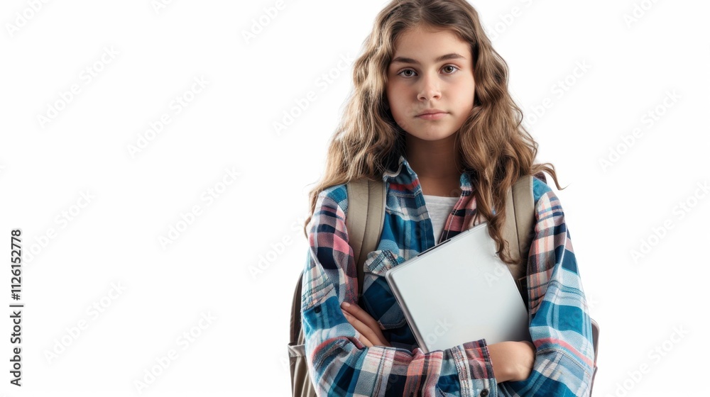 Serious student with tablet and book, isolated on white background for educational stock image Serious student with tablet and book, isolated on white background for educational stock image