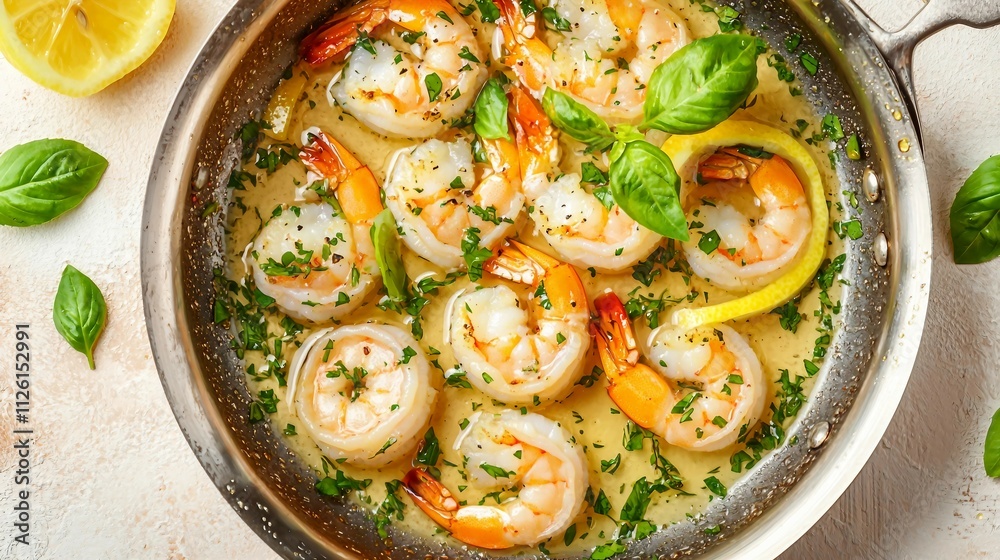 Fresh Shrimp and Lemon Dish with Basil in a Stainless Steel Pan Fresh Shrimp and Lemon Dish with Basil in a Stainless Steel Pan