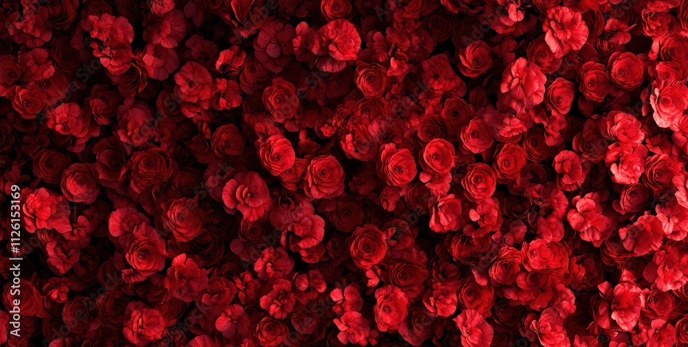 A vibrant display of red roses, creating a lush and romantic backdrop.