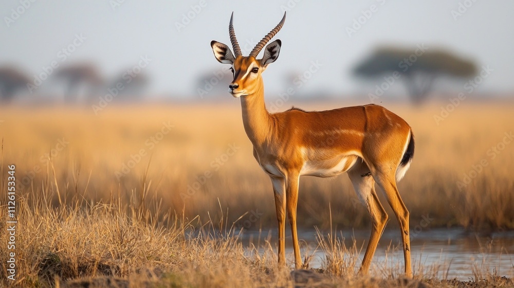 Fototapeta premium In the soft light of dusk, a solitary antelope gazes across the vast African savanna, surrounded by golden grasses and distant acacia trees