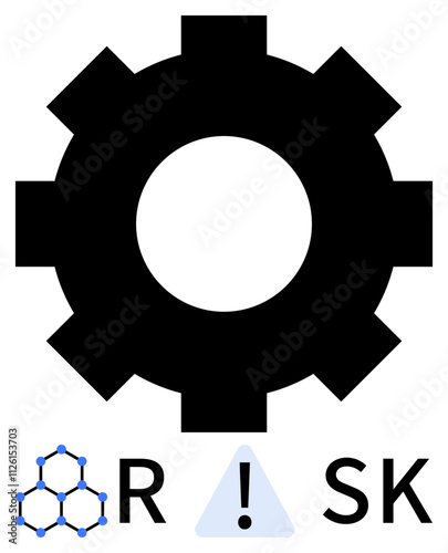 Black industrial gear with molecular structure on the left, exclamation mark on triangle, and word RISK. Ideal for industry safety, hazard awareness, machinery danger, engineering alerts, risk