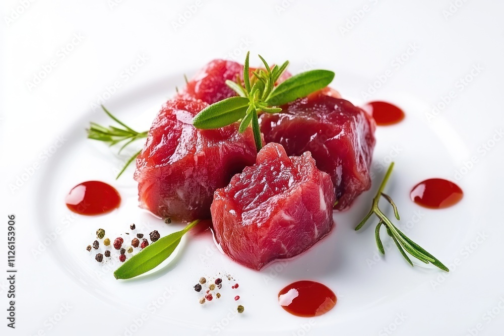 A gourmet presentation of raw meat garnished with herbs and sauces. A gourmet presentation of raw meat garnished with herbs and sauces.