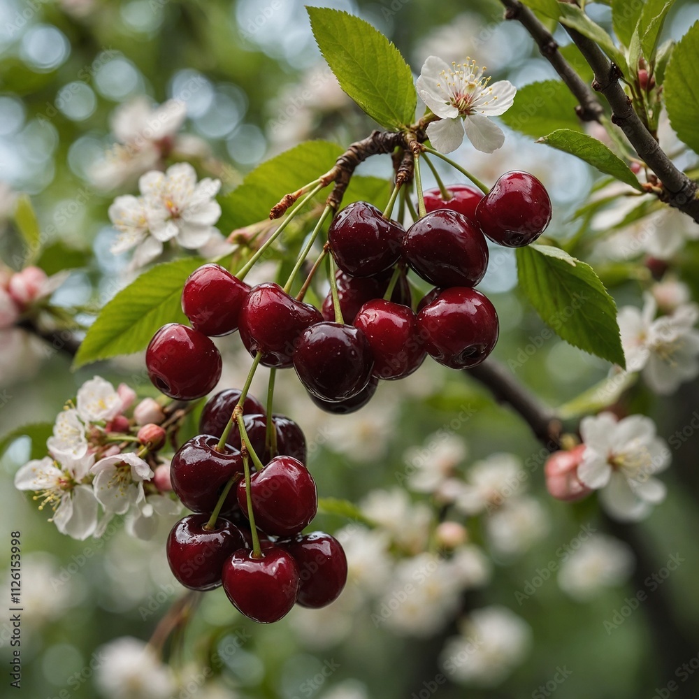 Cherries hanging on a tree branch with soft-focus flowers in the background. Cherries hanging on a tree branch with soft-focus flowers in the background.