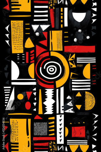 Vibrant African tribal-inspired geometric pattern with bold red, yellow, and white designs on a black background