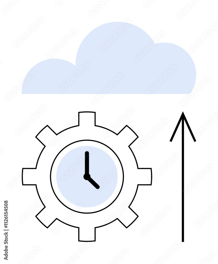 Gear with clock in center, cloud above, and upward arrow. Ideal for innovation, cloud computing, efficiency, automation, time management technology future growth. Line metaphor Gear with clock in center, cloud above, and upward arrow. Ideal for innovation, cloud computing, efficiency, automation, time management technology future growth. Line metaphor