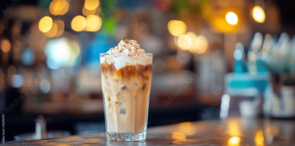 A refreshing iced coffee topped with whipped cream and caramel, served in a stylish glass. A refreshing iced coffee topped with whipped cream and caramel, served in a stylish glass.