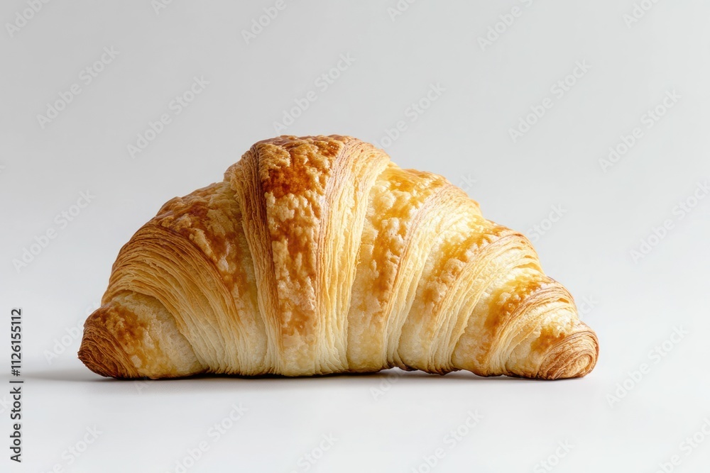 A golden, flaky croissant displayed on a white background. A golden, flaky croissant displayed on a white background.