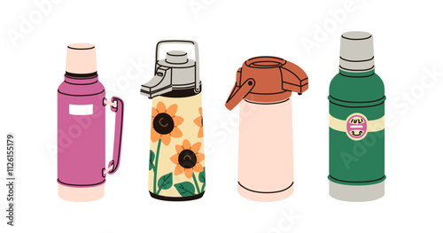 Retro thermos set. Insulated vacuum bottles for hot beverages, tea. Vintage style thermal flasks, termo vessels for camping, hiking, travel. Flat vector illustration isolated on white background