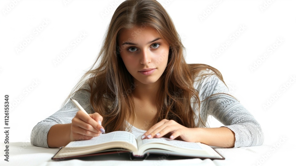 Young woman taking notes from a book, isolated on white, stock image ideal for educational content Young woman taking notes from a book, isolated on white, stock image ideal for educational content