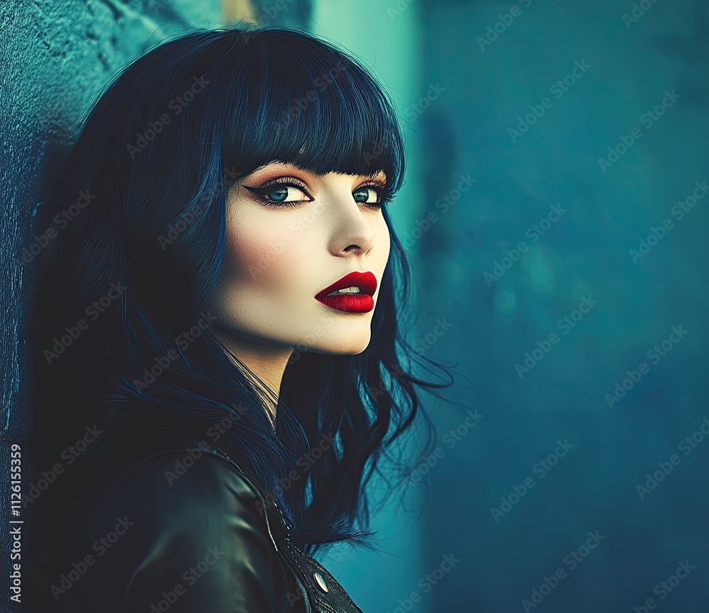 A beautiful woman with dark blue hair and bangs, against a shiny background A beautiful woman with dark blue hair and bangs, against a shiny background