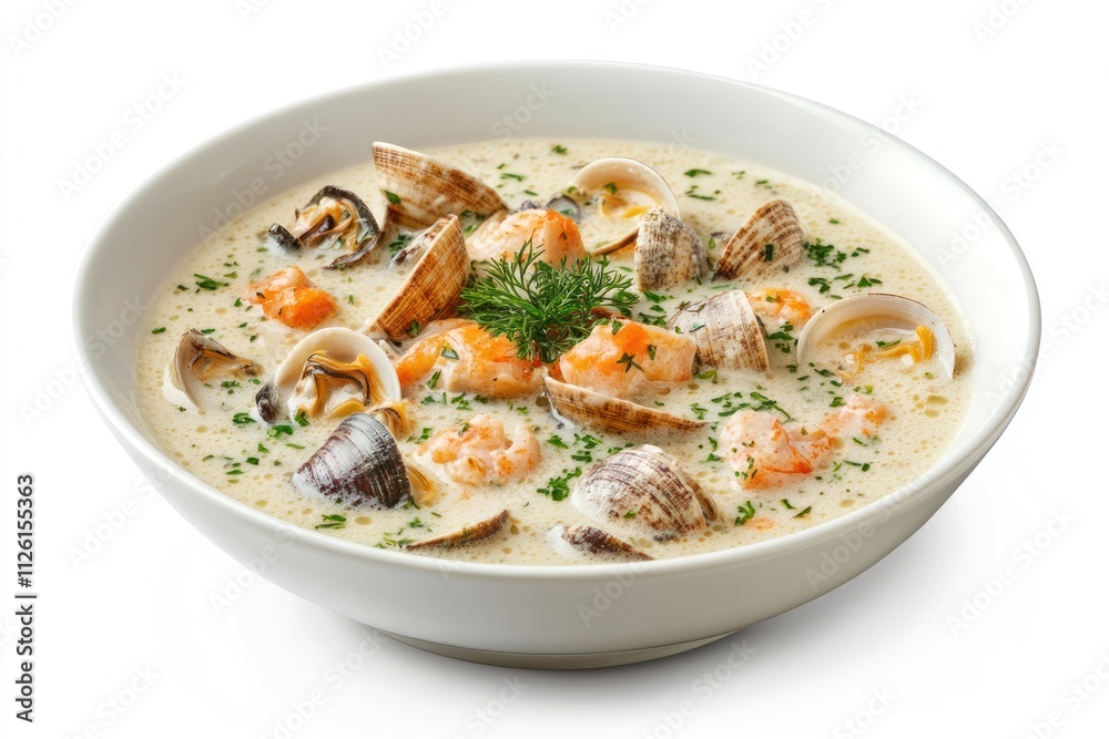 A creamy seafood soup featuring shrimp, clams, and herbs in a white bowl. A creamy seafood soup featuring shrimp, clams, and herbs in a white bowl.