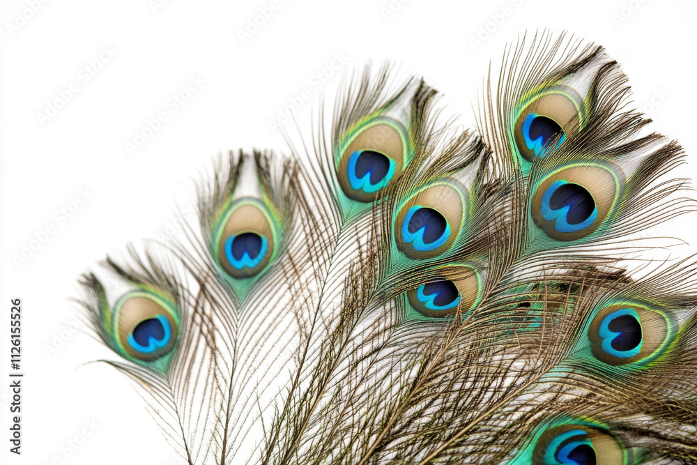 Obraz premium Colored peacock feathers on a white background