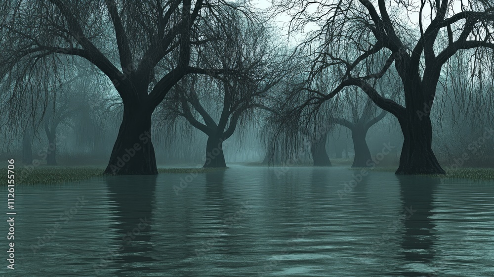 Mysterious foggy forest with reflections in tranquil water Mysterious foggy forest with reflections in tranquil water
